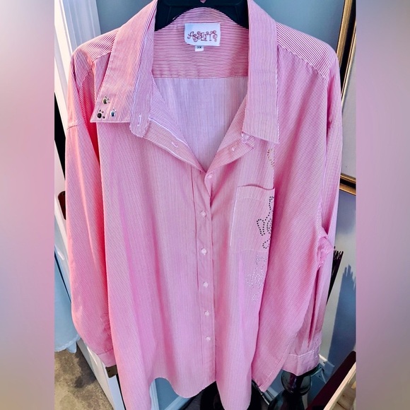 Women’s oversized 3X Collard Cotton, button up, long sleeve blouse. Red/White. - Picture 1 of 16